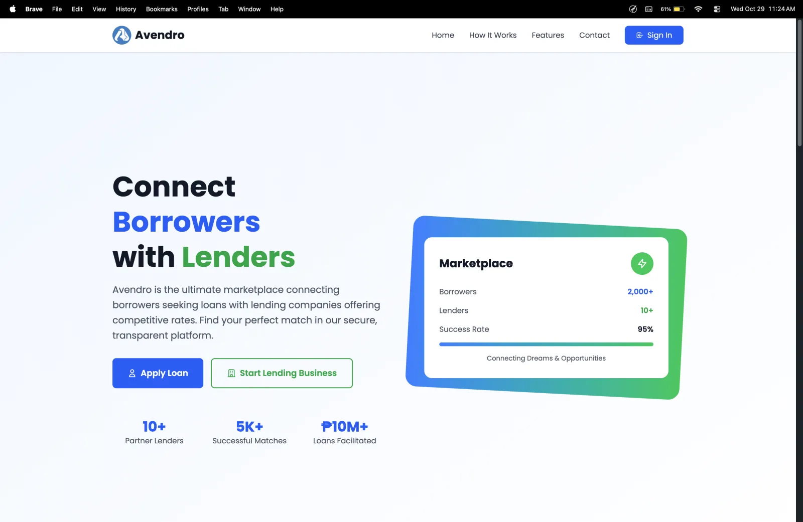 Avendro marketplace home page connecting borrowers with lenders